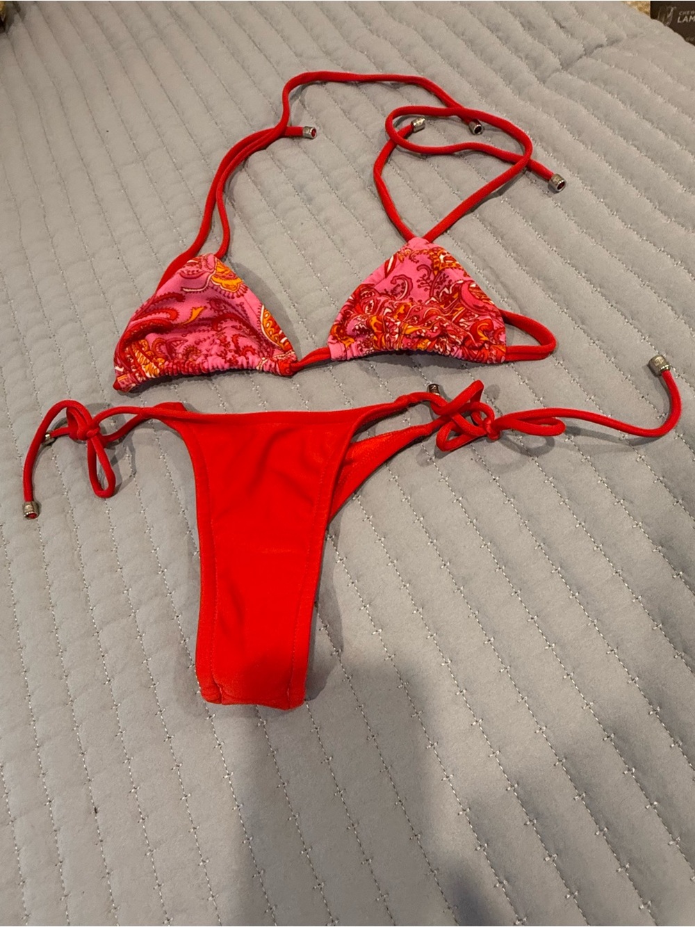 Pink & Red Paisley Triangle Bikini Set with Tie Sides